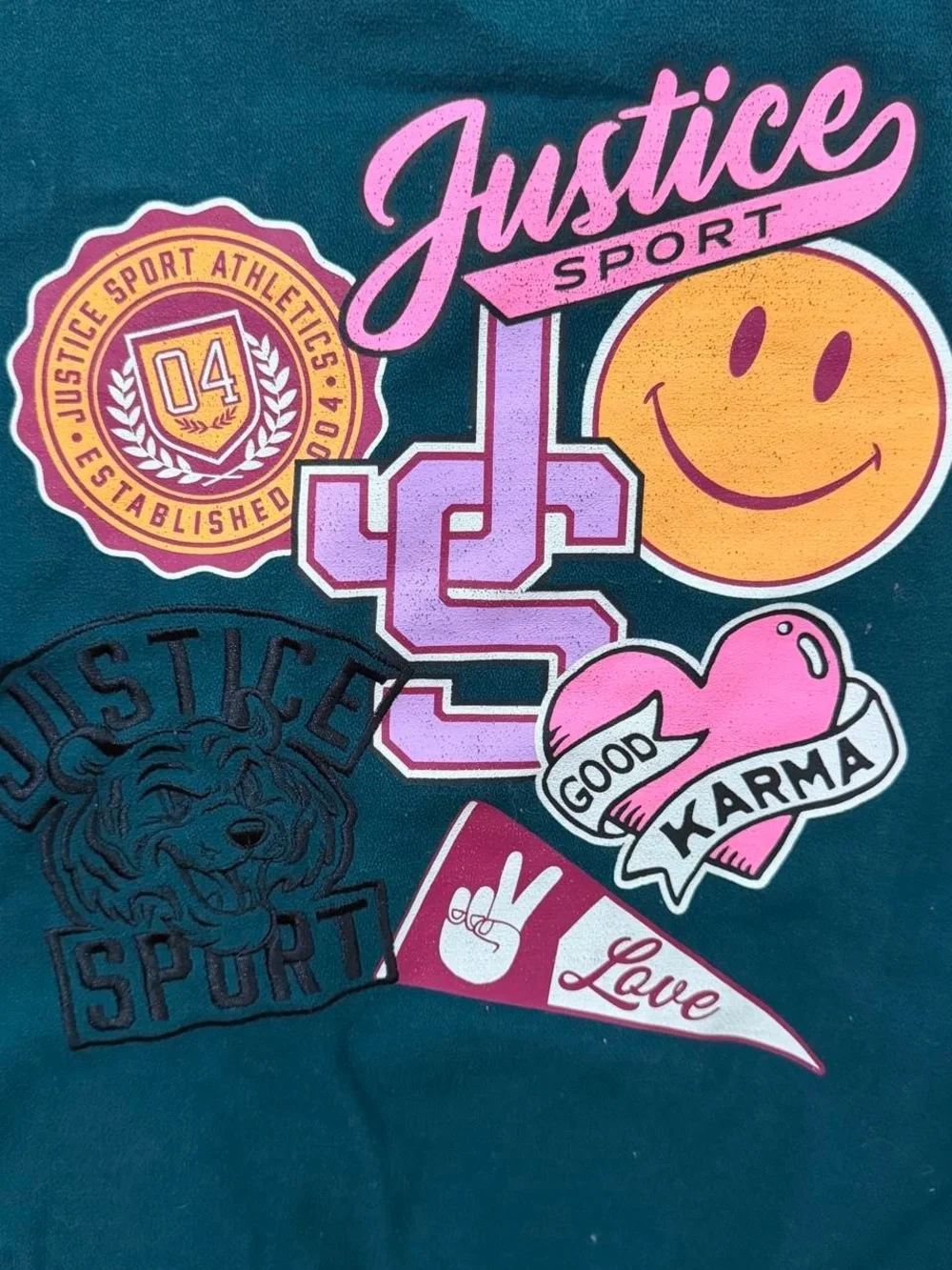 Justice Teal and White Varsity-Style Jacket with Patches